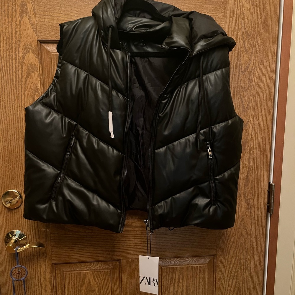 Zara like leather hooded puffer vest